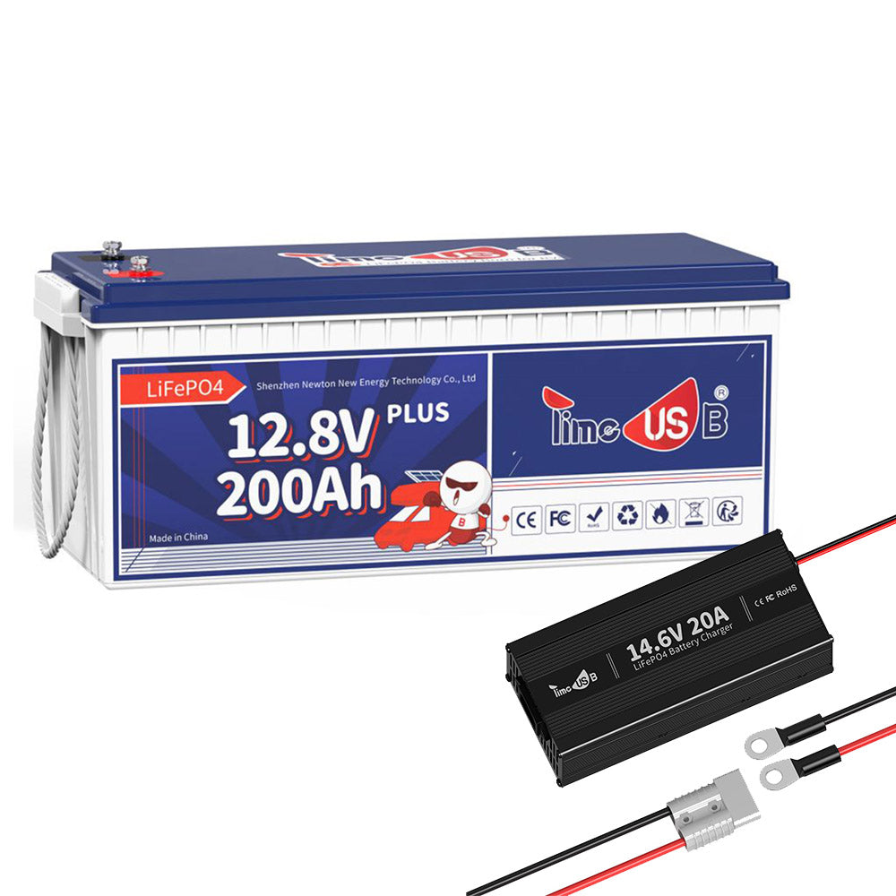 Timeusb 12V 200Ah Plus LiFePO4 Battery with 14.6V 20A Fast Charging LiFePO4 Battery Charger