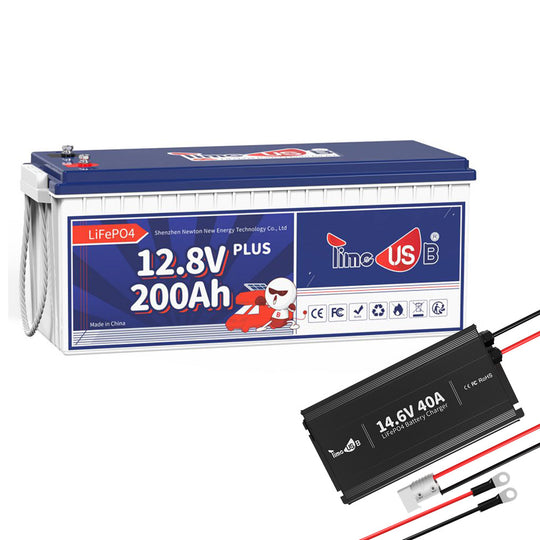 Timeusb 12V 200Ah Plus LiFePO4 Battery with 14.6V 40A Fast Charging LiFePO4 Battery Charger