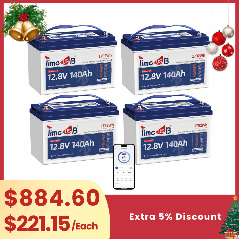 【🎄Christmas Sale】Timeusb 12V 140Ah LiFePO4 Lithium Smart Battery with Bluetooth and Low-Temp Protection