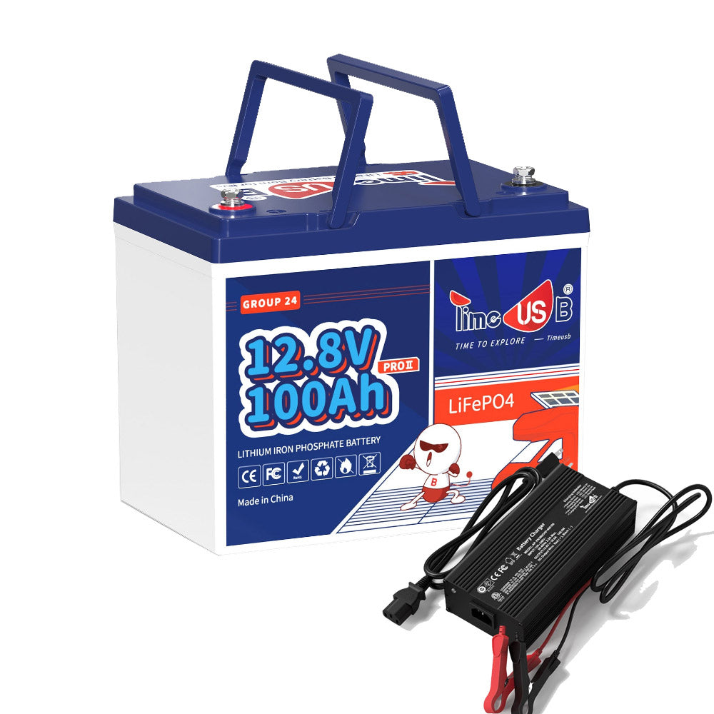 Timeusb 12V 100Ah Group 24 LiFePO4 Battery with Charger