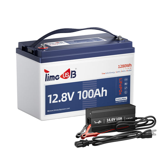 Timeusb 12V 100Ah TM Battery for Trolling Motor with 14.6V 10A Battery Charger