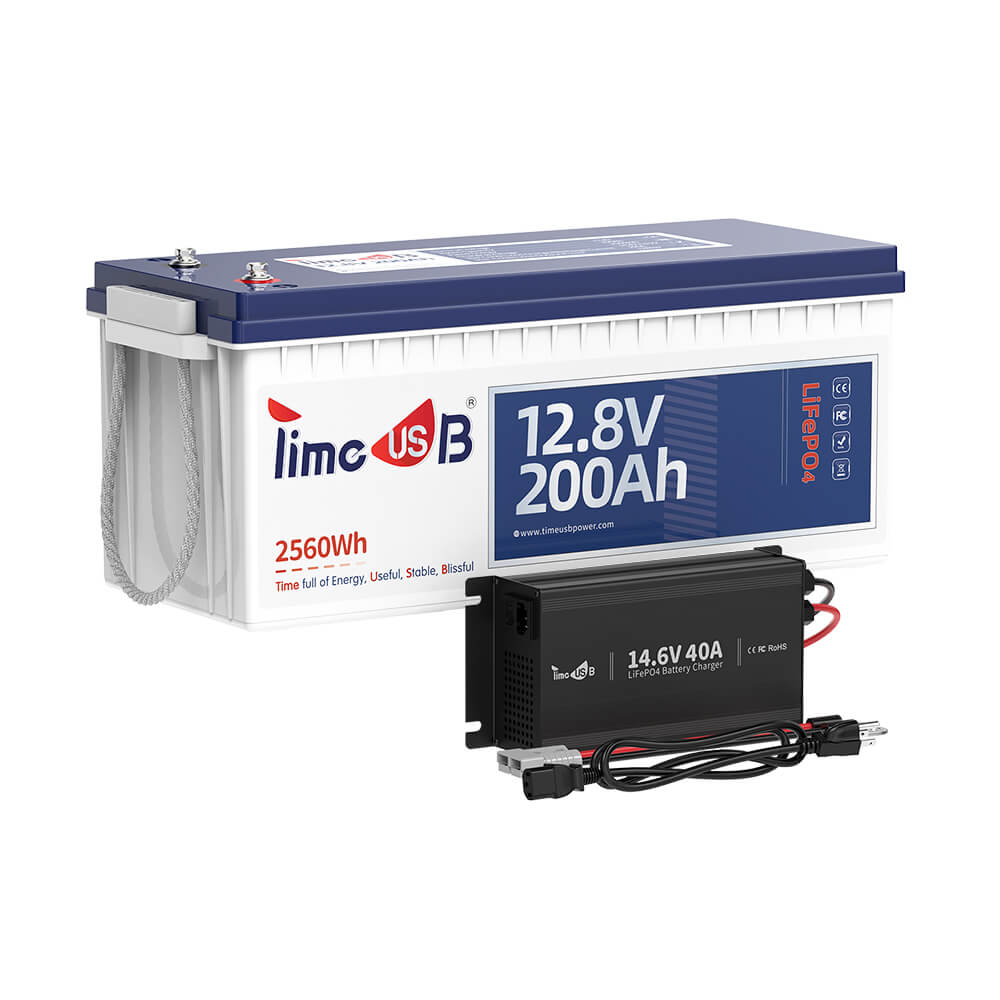 Timeusb 12V 200Ah LiFePO4 battery with 14.6V 40A LiFePO4 battery charger