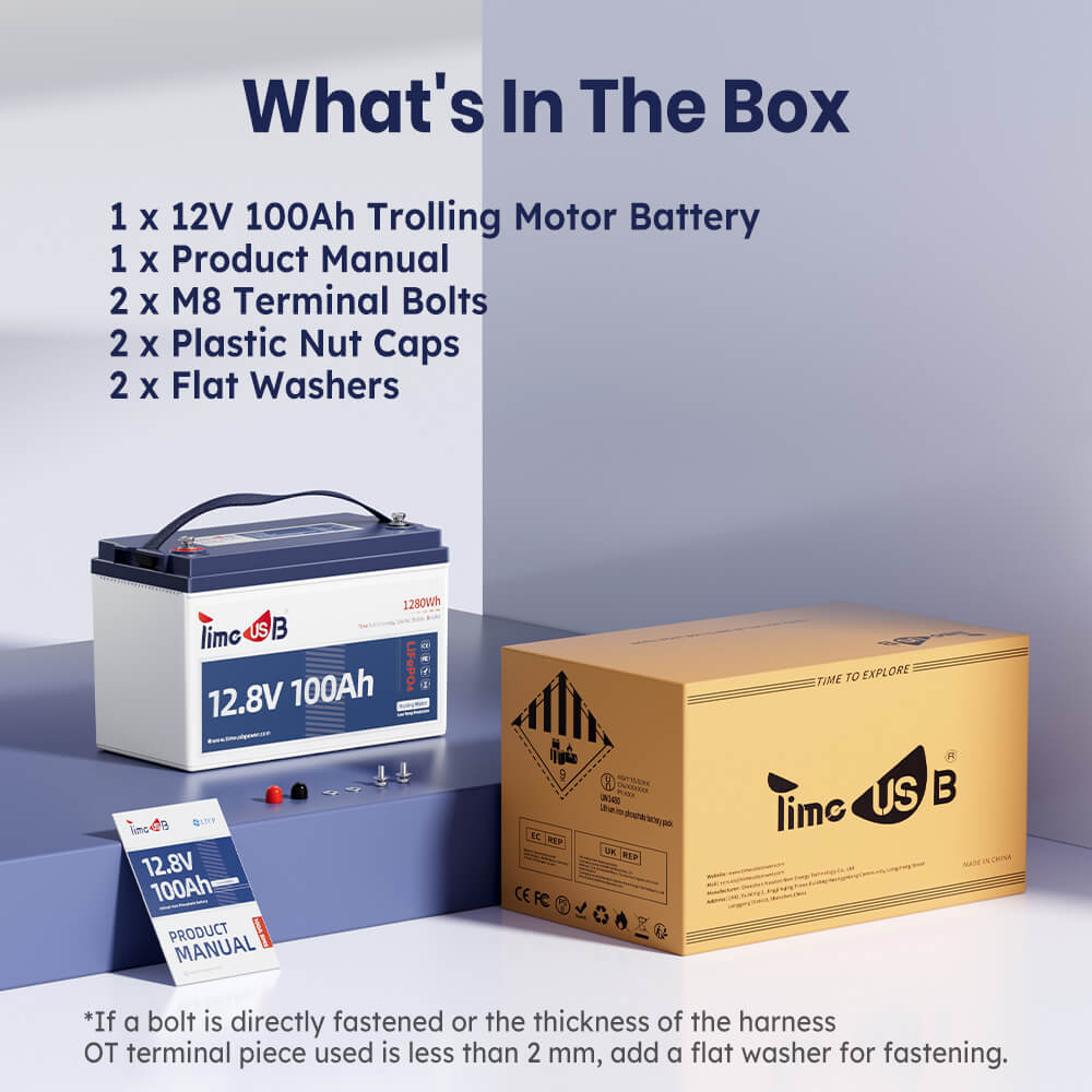 package content of 12V 100Ah TM Battery for Trolling Motor