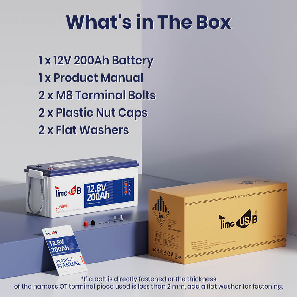 package content of Timeusb 12V 200Ah LiFePO4 battery