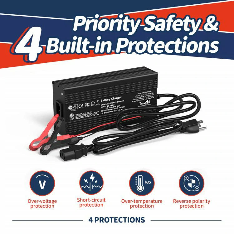 LiFePO4 Battery Charger priority safety and 4 built-in protections