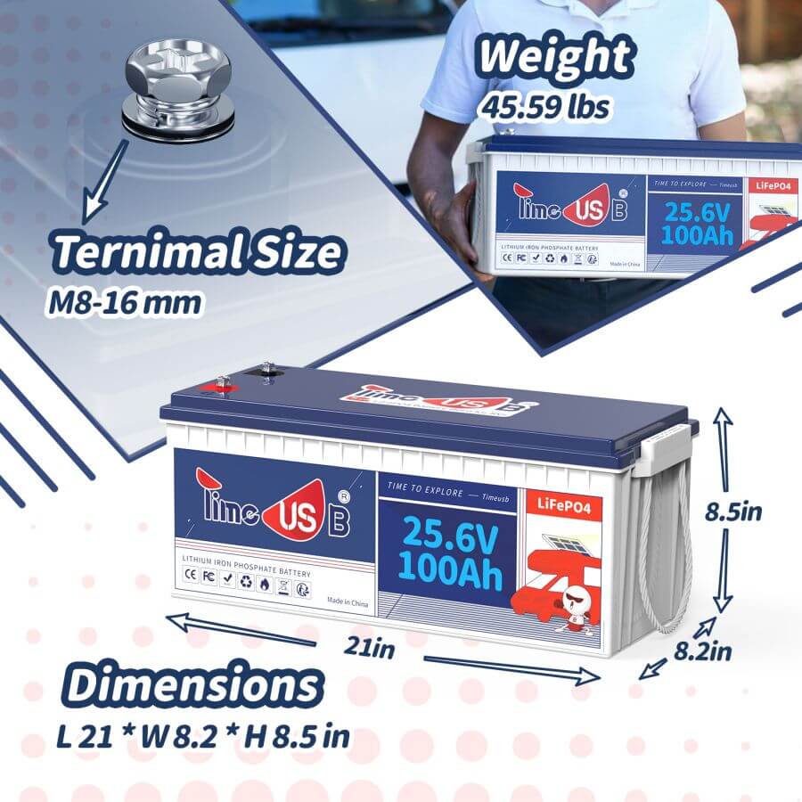 The size The weight The dimensions of Timeusb 24V 100Ah LiFePO4 Lithium Battery